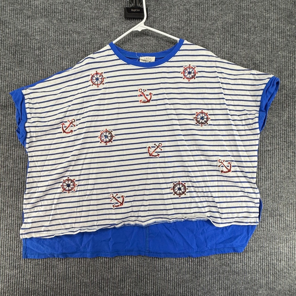 Fantastic Fawn Top Womens S Blue Excellent Nautical Sequin Anchor Striped Tee
